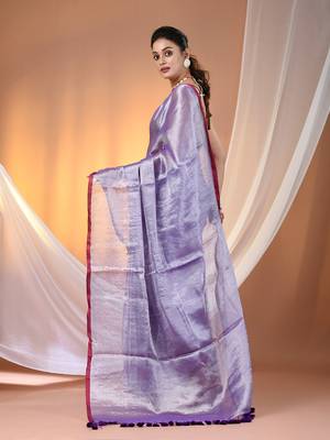 Violet tissue soft saree with pompom 3