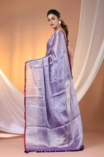 Violet tissue soft saree with pompom