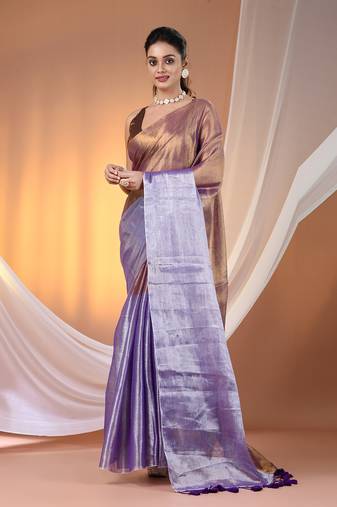 Golden and violet tissue soft saree with pompom