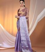 Golden and violet tissue soft saree with pompom