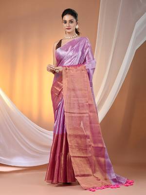 Pink tissue soft saree with pompom 1
