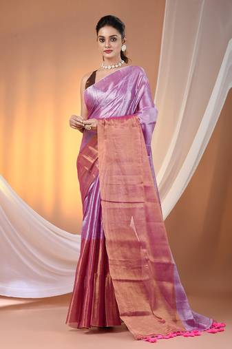Pink tissue soft saree with pompom
