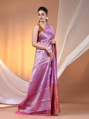 Pink tissue soft saree with pompom 2