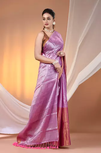 Pink tissue soft saree with pompom