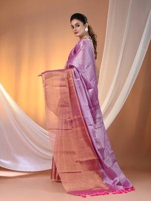 Pink tissue soft saree with pompom 3