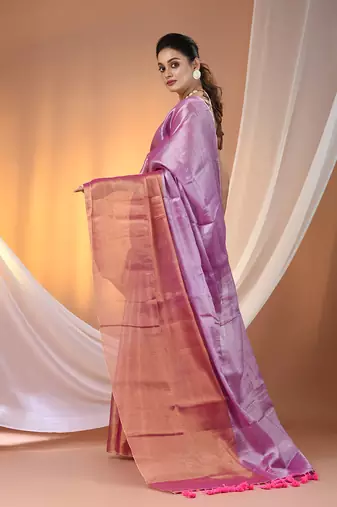 Pink tissue soft saree with pompom