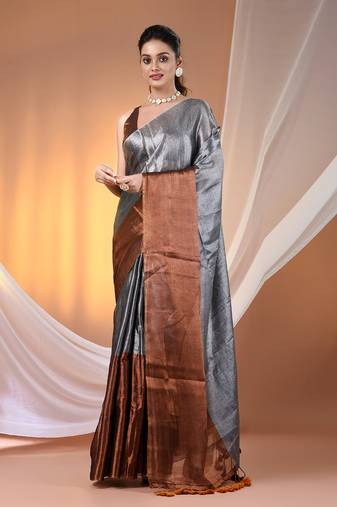 Grey and coppertissue soft saree with pompom
