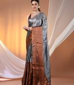Grey and coppertissue soft saree with pompom