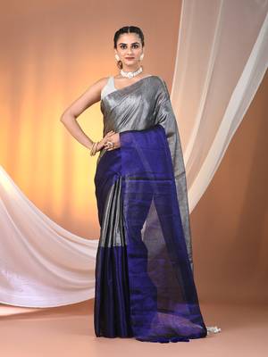 Grey and blue tissue soft saree with pompom 1
