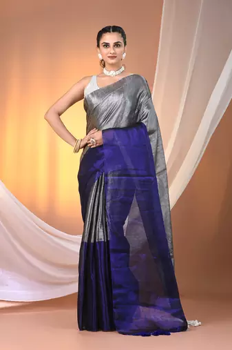 Grey and blue tissue soft saree with pompom