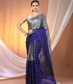 Grey and blue tissue soft saree with pompom