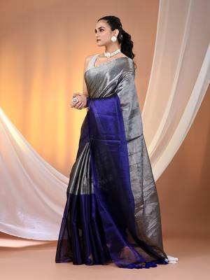Grey and blue tissue soft saree with pompom 2