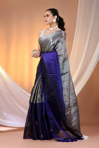 Grey and blue tissue soft saree with pompom