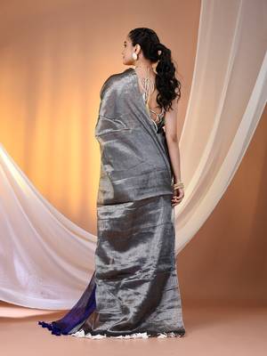 Grey and blue tissue soft saree with pompom 3