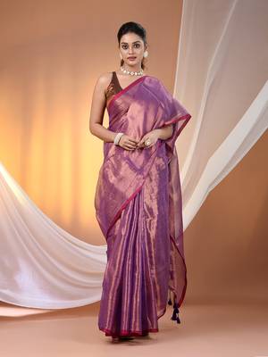 Purple tissue soft saree with pompom 1