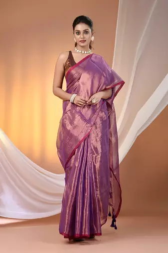 Purple tissue soft saree with pompom