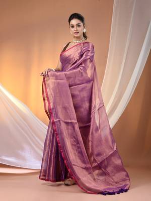 Purple tissue soft saree with pompom 2