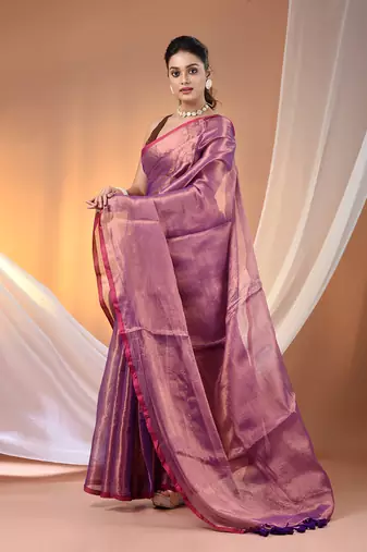 Purple tissue soft saree with pompom