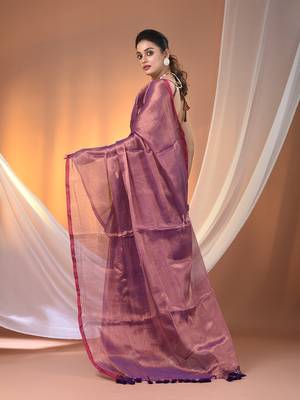 Purple tissue soft saree with pompom 3