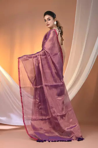 Purple tissue soft saree with pompom