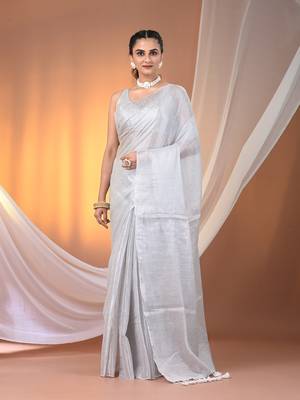 White tissue soft saree with pompom 1