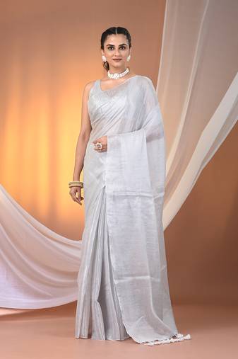 White tissue soft saree with pompom