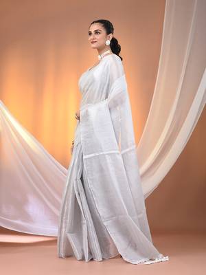 White tissue soft saree with pompom 2