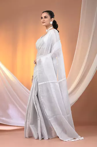 White tissue soft saree with pompom