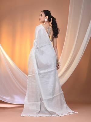 White tissue soft saree with pompom 3