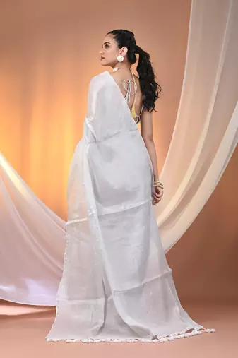 White tissue soft saree with pompom