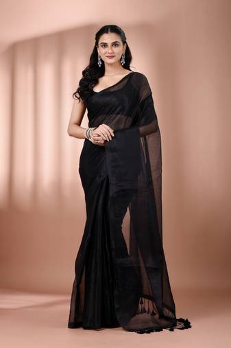 Black tissue soft saree with pompom
