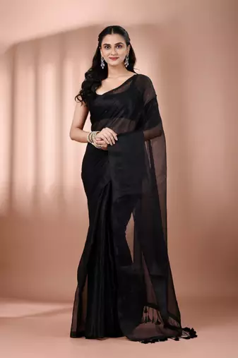 Black tissue soft saree with pompom