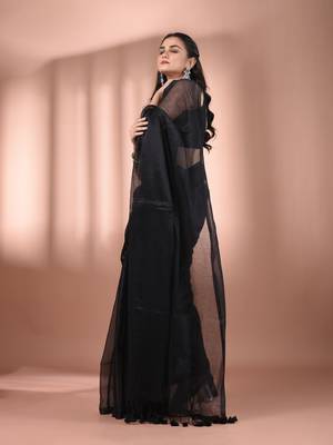 Black tissue soft saree with pompom 2