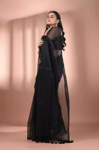 Black tissue soft saree with pompom