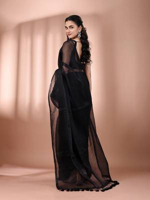 Black tissue soft saree with pompom 3