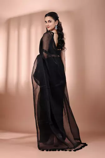 Black tissue soft saree with pompom