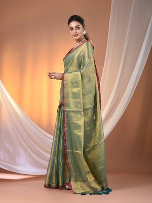 Teal tissue soft saree with pompom 2