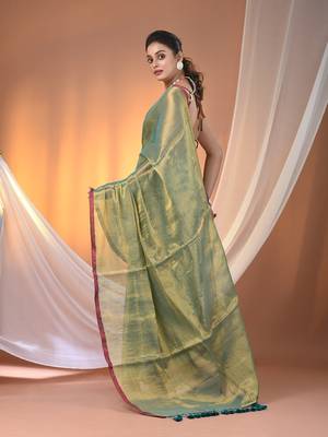 Teal tissue soft saree with pompom 3