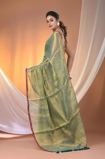 Teal tissue soft saree with pompom