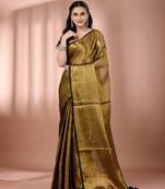 Golden tissue soft saree with pompom