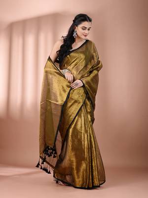 Golden tissue soft saree with pompom 2
