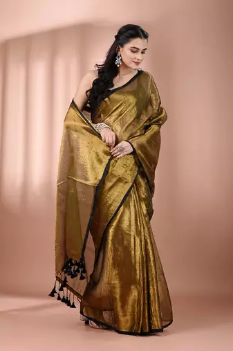 Golden tissue soft saree with pompom