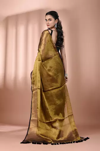 Golden tissue soft saree with pompom