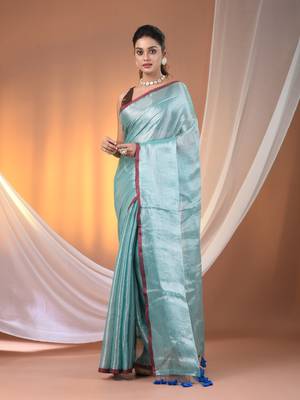 Aqua blue tissue soft saree with pompom 1