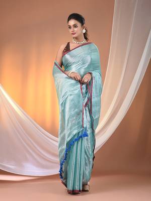 Aqua blue tissue soft saree with pompom 2