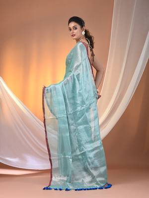 Aqua blue tissue soft saree with pompom 3