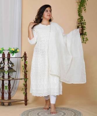 Women Plus Size Cream-Coloured Chikankari Thread Work Anarkali Kurta with Dupatta 1