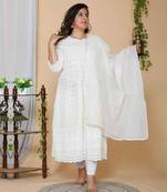 Women Plus Size Cream-Coloured Chikankari Thread Work Anarkali Kurta with Dupatta