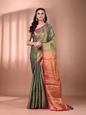 Green tissue soft saree with sequined work 1