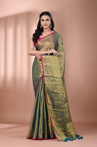 Green tissue soft saree with sequined work